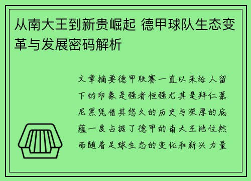 从南大王到新贵崛起 德甲球队生态变革与发展密码解析
