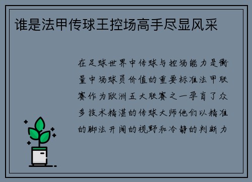 谁是法甲传球王控场高手尽显风采
